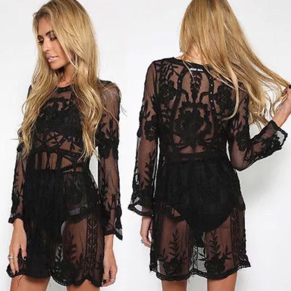 HOLLOW OUT EMBROIDERED MESH DRESS - Picture 2 of 5